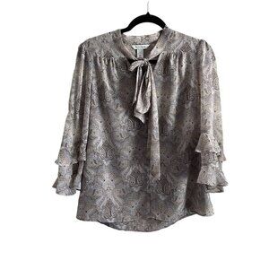 White House Black Market Womn 2 Taupe Paisley Ruffle Bell Sleeve Tie Neck Blouse